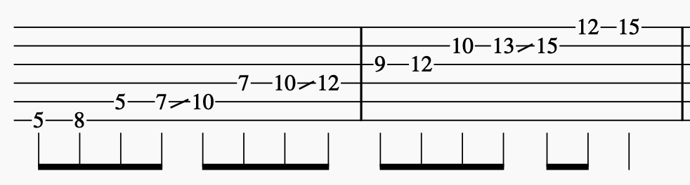 Ex. 5 — Connected pattern starting from A (six strings, two slides)
